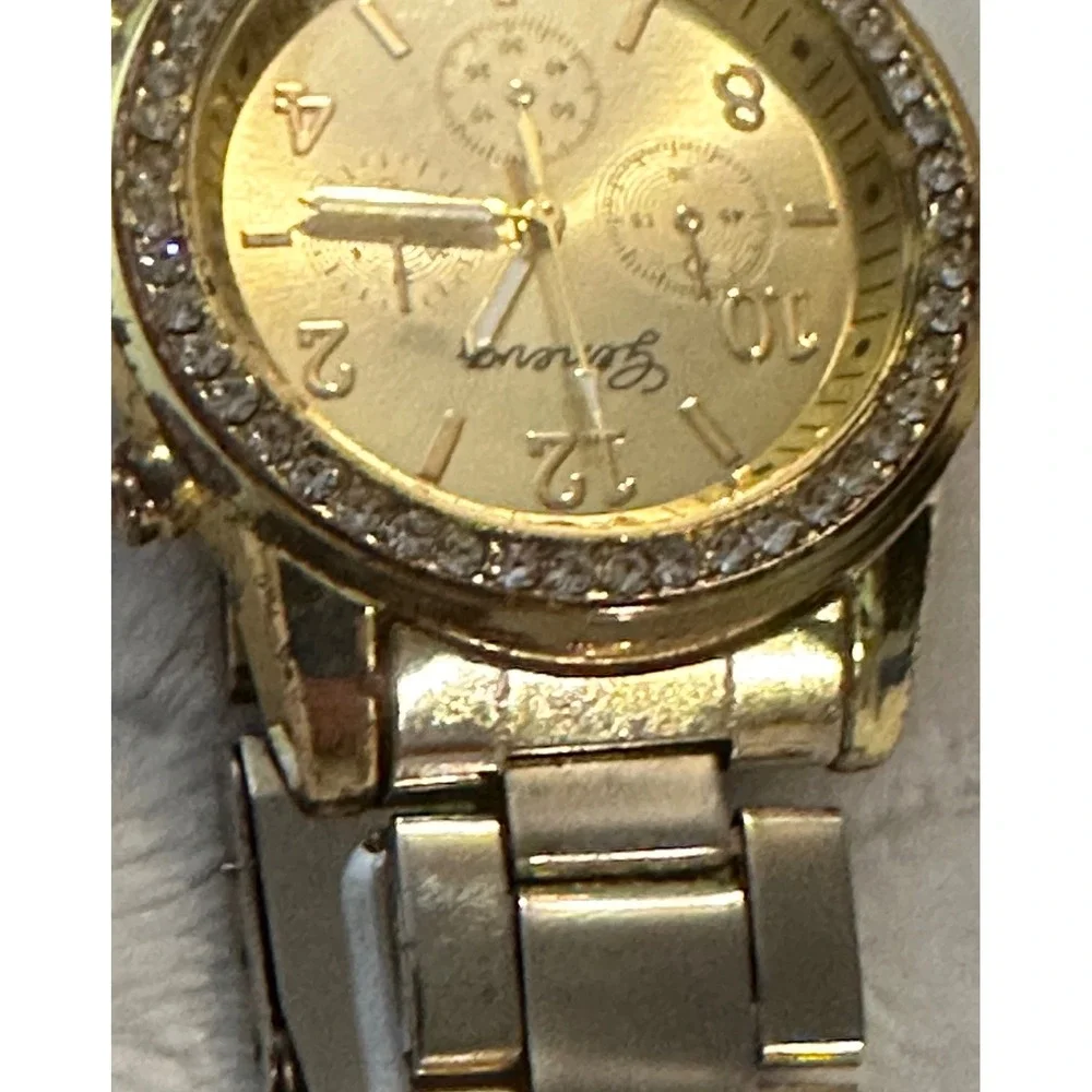 Geneva Gold Tone Rhinestone Bezel Faux‎ Chrono Quartz Analog Women's Wrist Watch